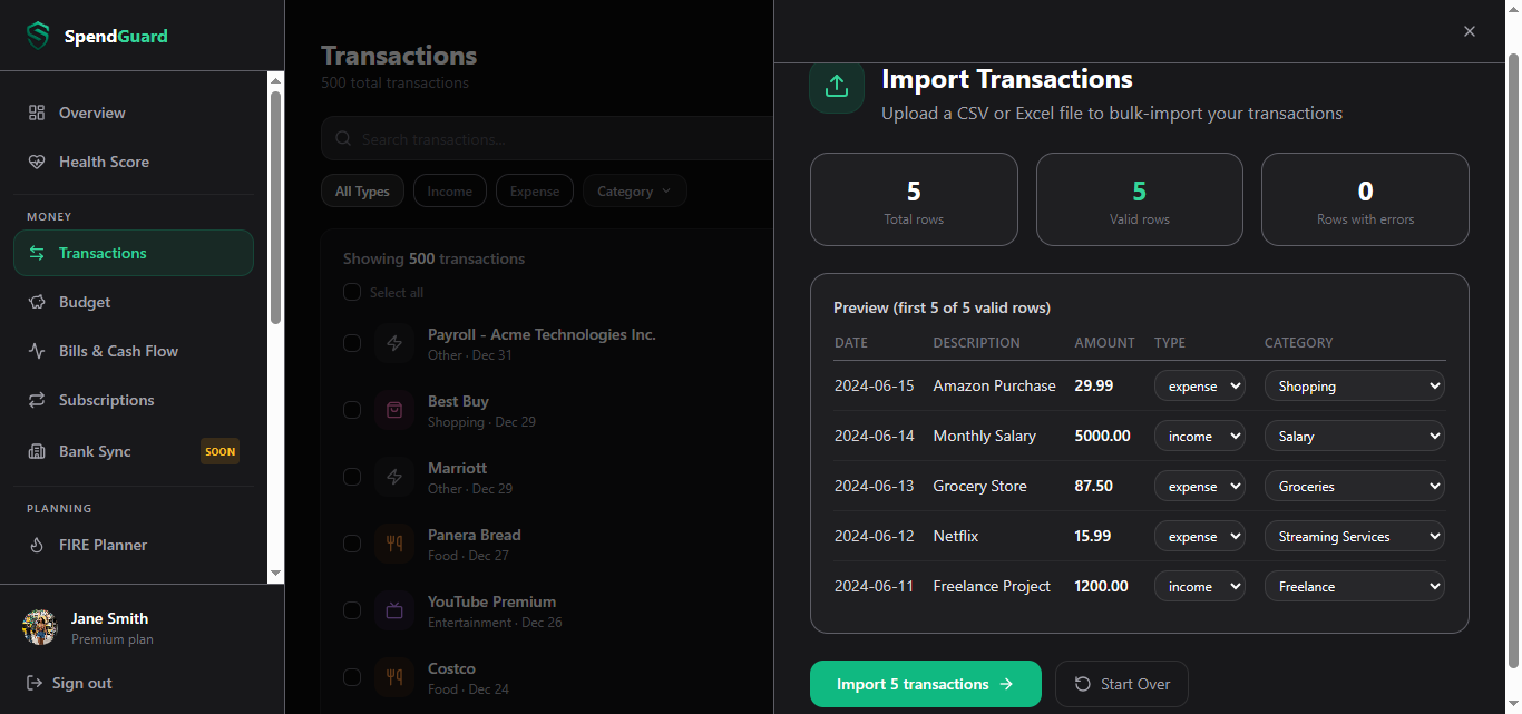 SpendGuard's import preview screen showing valid rows and a five-row sample before confirming. Demo data shown.