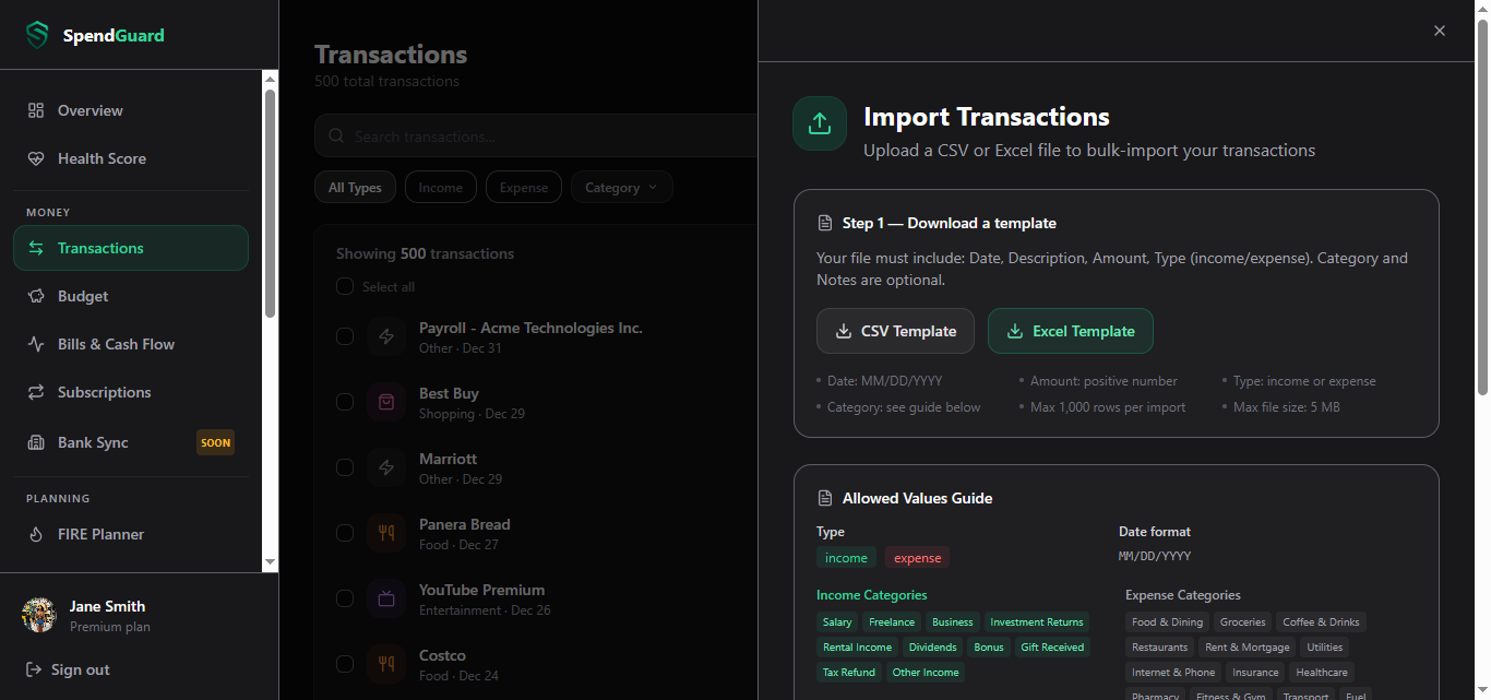 SpendGuard's Import Transactions screen — template download and allowed values guide. Demo data shown.